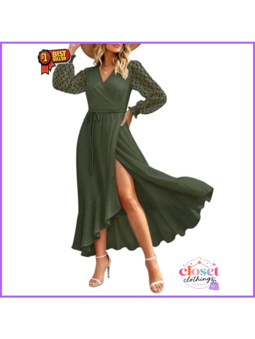 Women's Lace Long Sleeve Wrap V-Neck Maxi Dress Boho Flowy Semi Formal